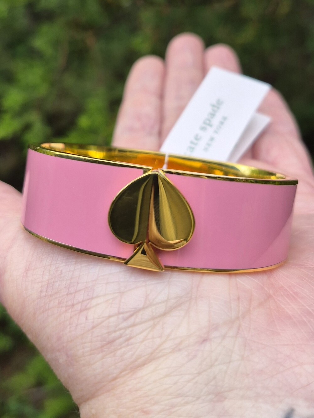 Kate Spade Rococo Pink Heritage Spade Wide Hinged Bangle Bracelet With Dust Bag